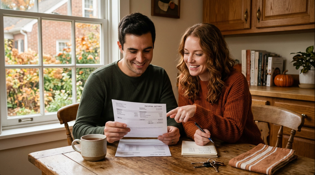 Couple reviewing paperwork together at home